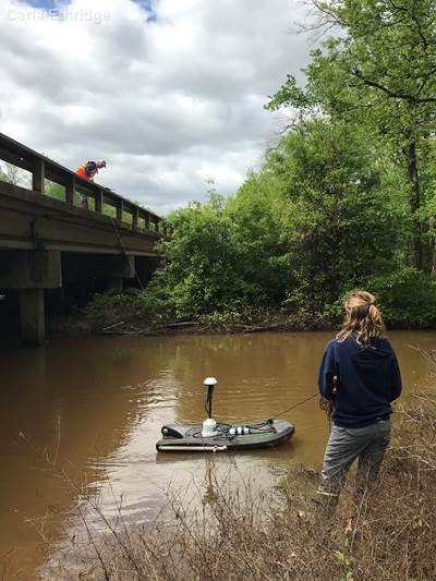 Senior research scientist Lucas Gregory (on bridge) and research assistant Anna Gitter (in foreground) do social-distanced sampling with Carla Ethridge and Allie McElroy of the Angelina & Neches River Authority.